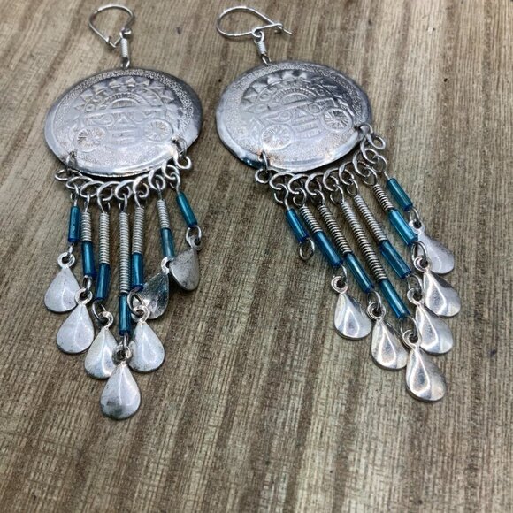 Peruvian Handmade Coin Silver Tone Dangling Hook Earrings - Picture 5 of 7